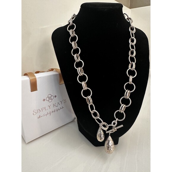 ELLE Sterling Silver Link Chain Necklace Toggle Front Clasp Teardrop Pendants - Picture 1 of 3
